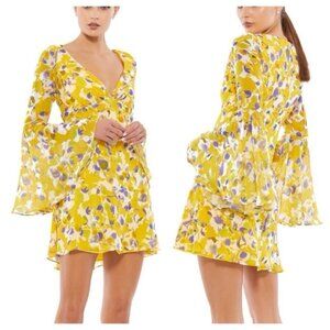 Mac Duggal Floral Bell Sleeve Mini Dress Chiffon Yellow Purple V-Neck